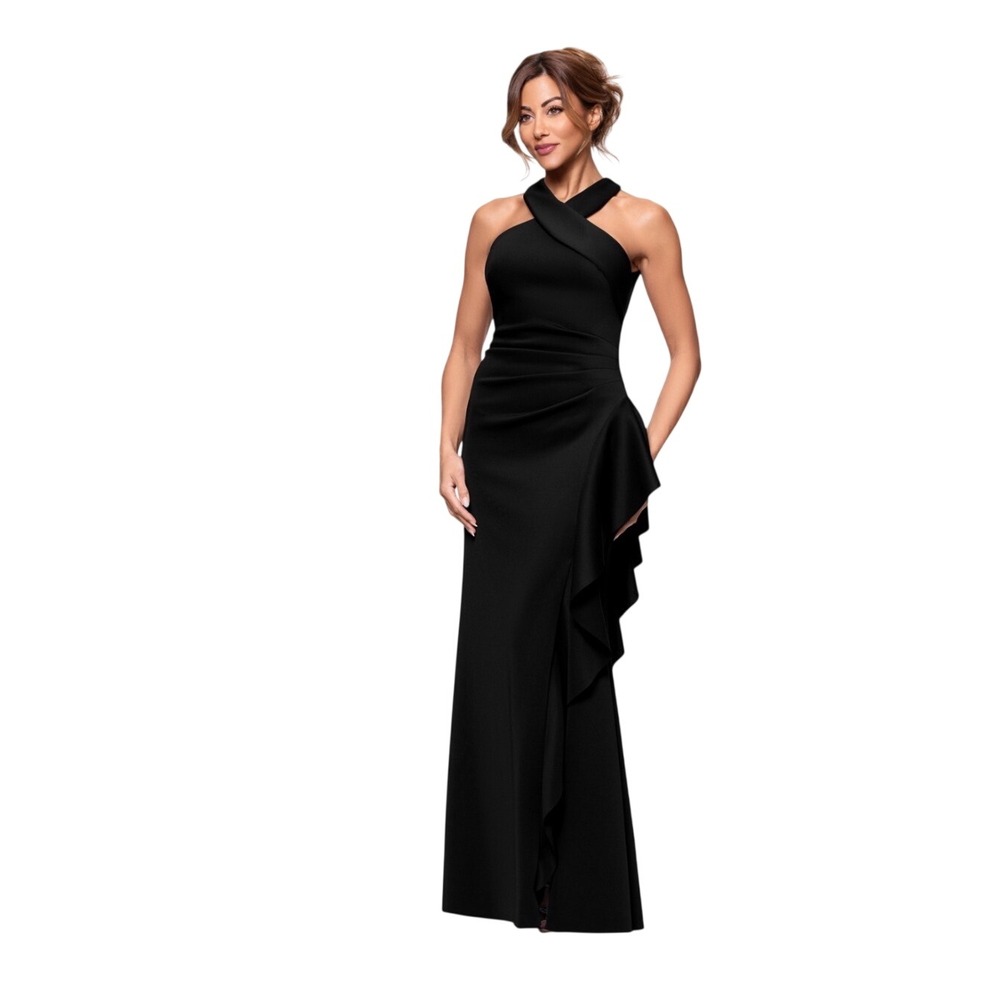 Xscape Gown Women 16 NWT Black Halter Ruffle Slit Evening Dress MSRP $259